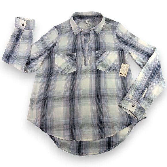 MUDD-Women's-Plaid-Gray-Black-Pink-SMALL-pullover-V Neck-Long Sleeve-Pockets - Picture 3 of 16